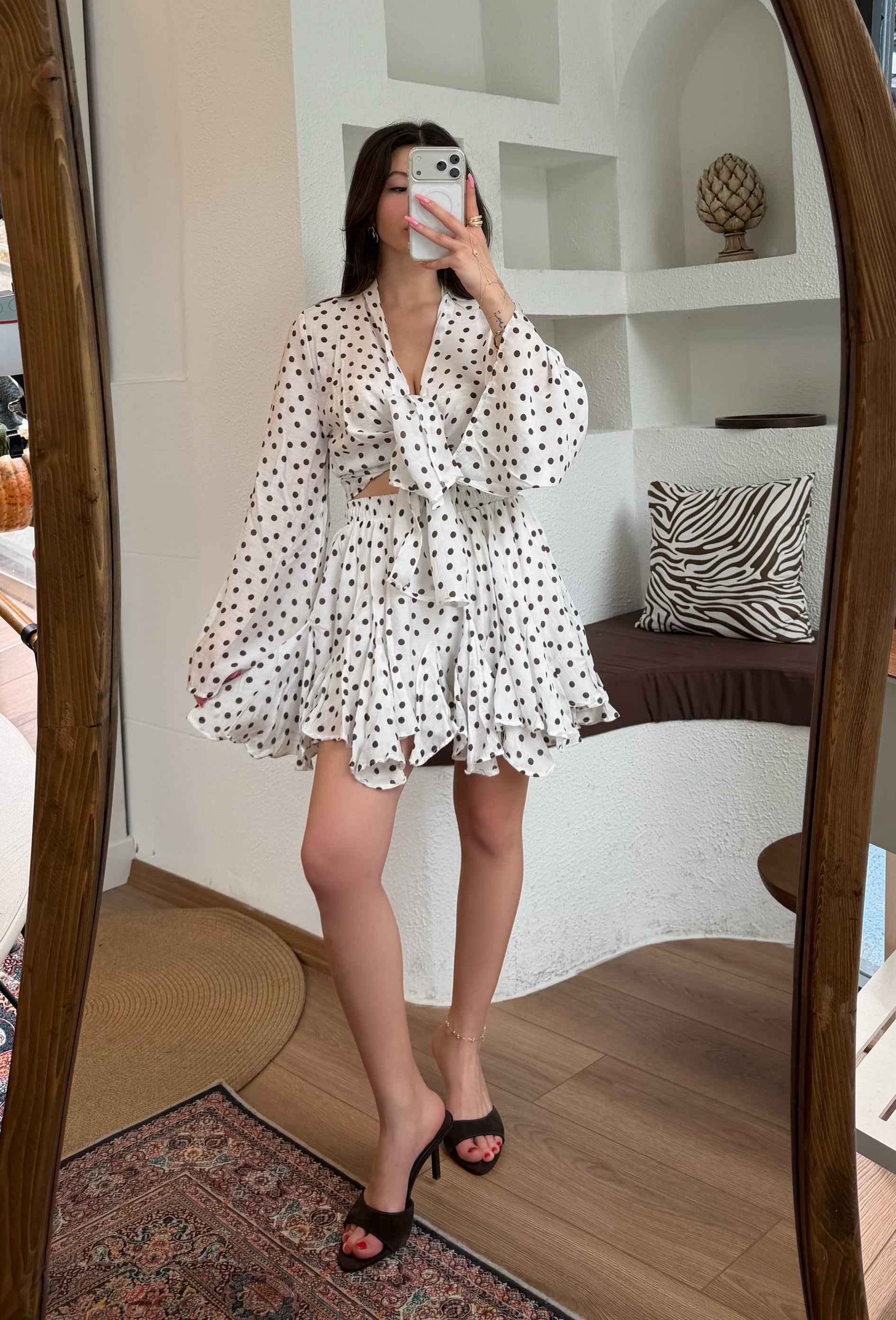Puantiye etek kimono takım-beyaz