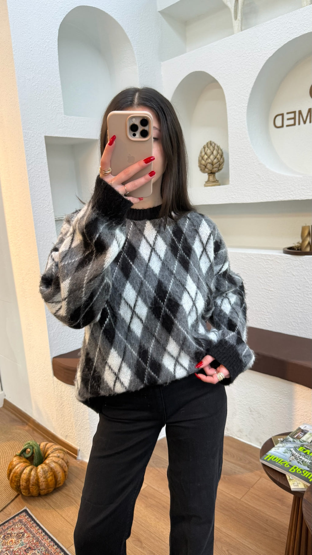 Baklava desenli siyah-gri kazak