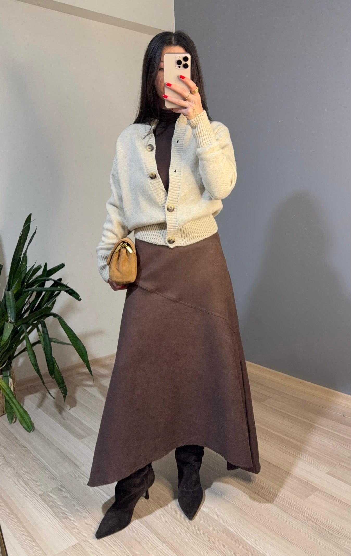 Kahve a-kesim midi süet etek