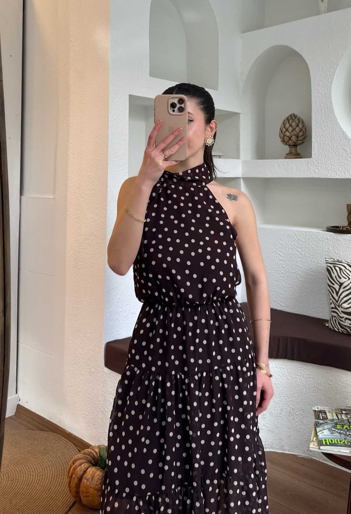 Puantiye kahve şifon elbise