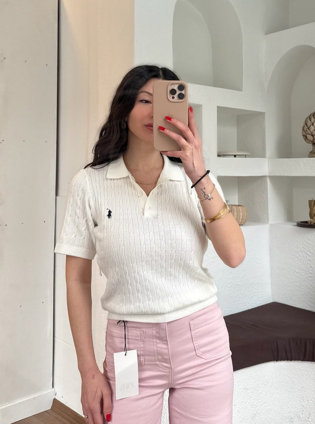 Rlph örgü polo yaka beyaz triko tişört