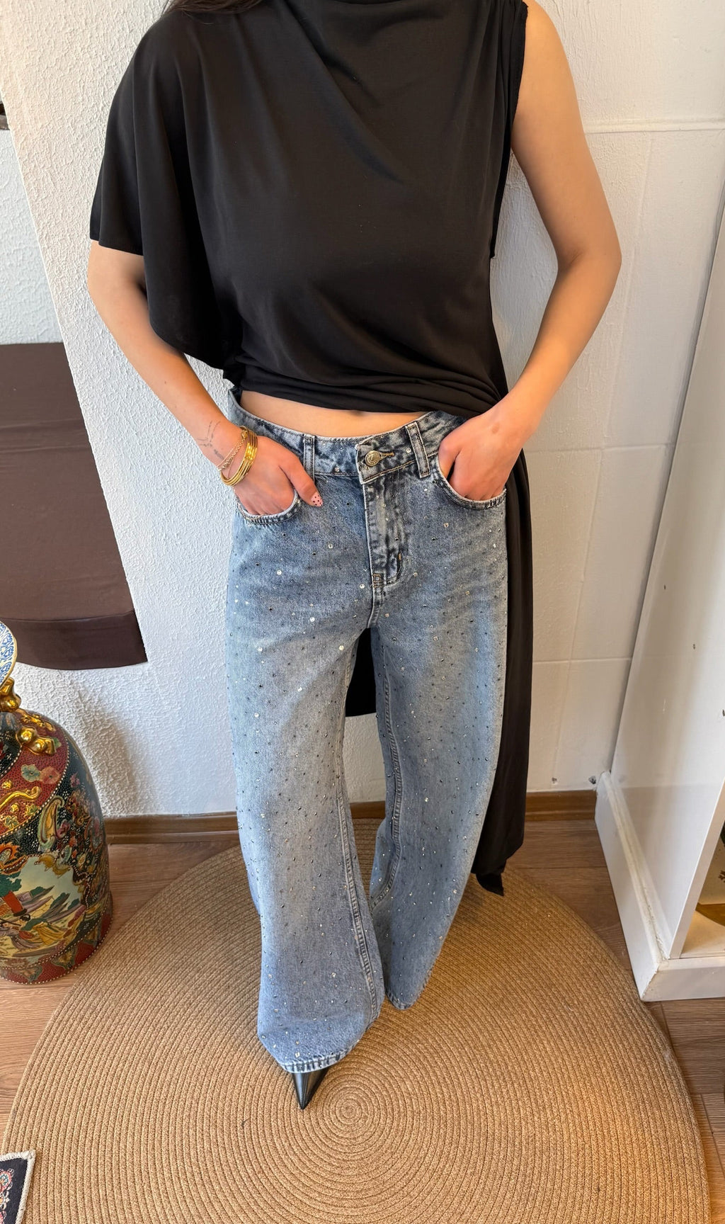 Taşlı mavi tensel jean