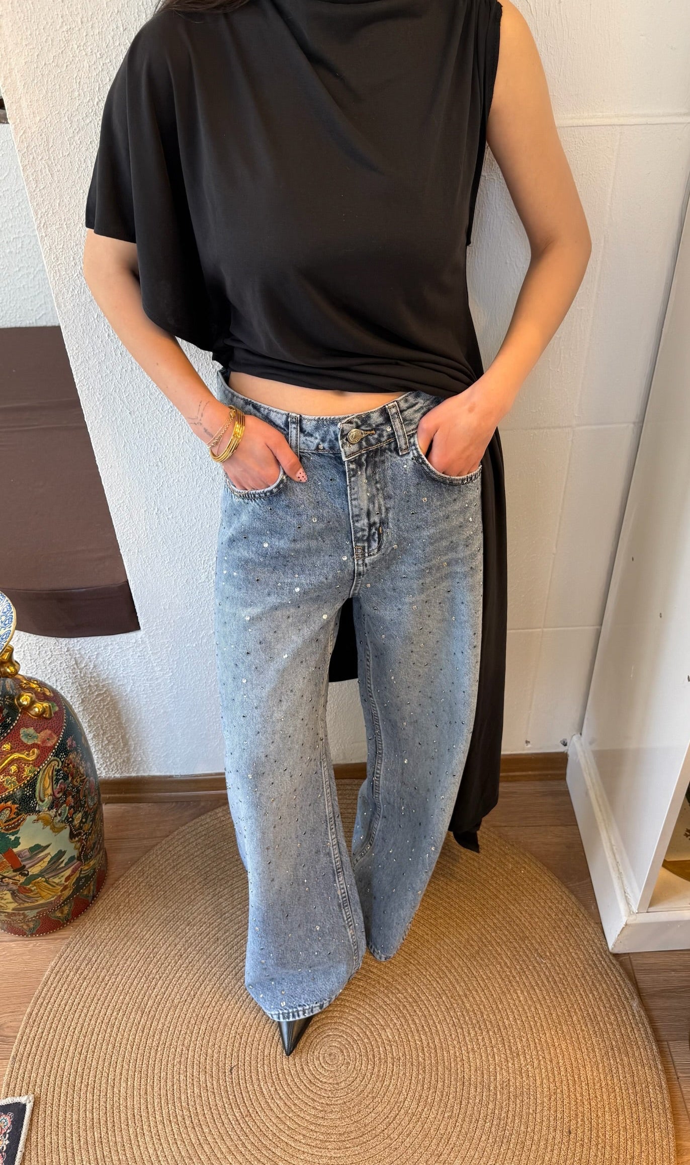 Taşlı mavi tensel jean