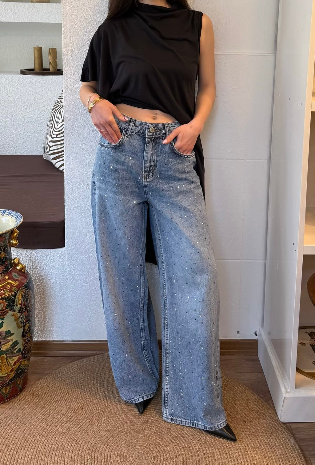 Taşlı mavi tensel jean