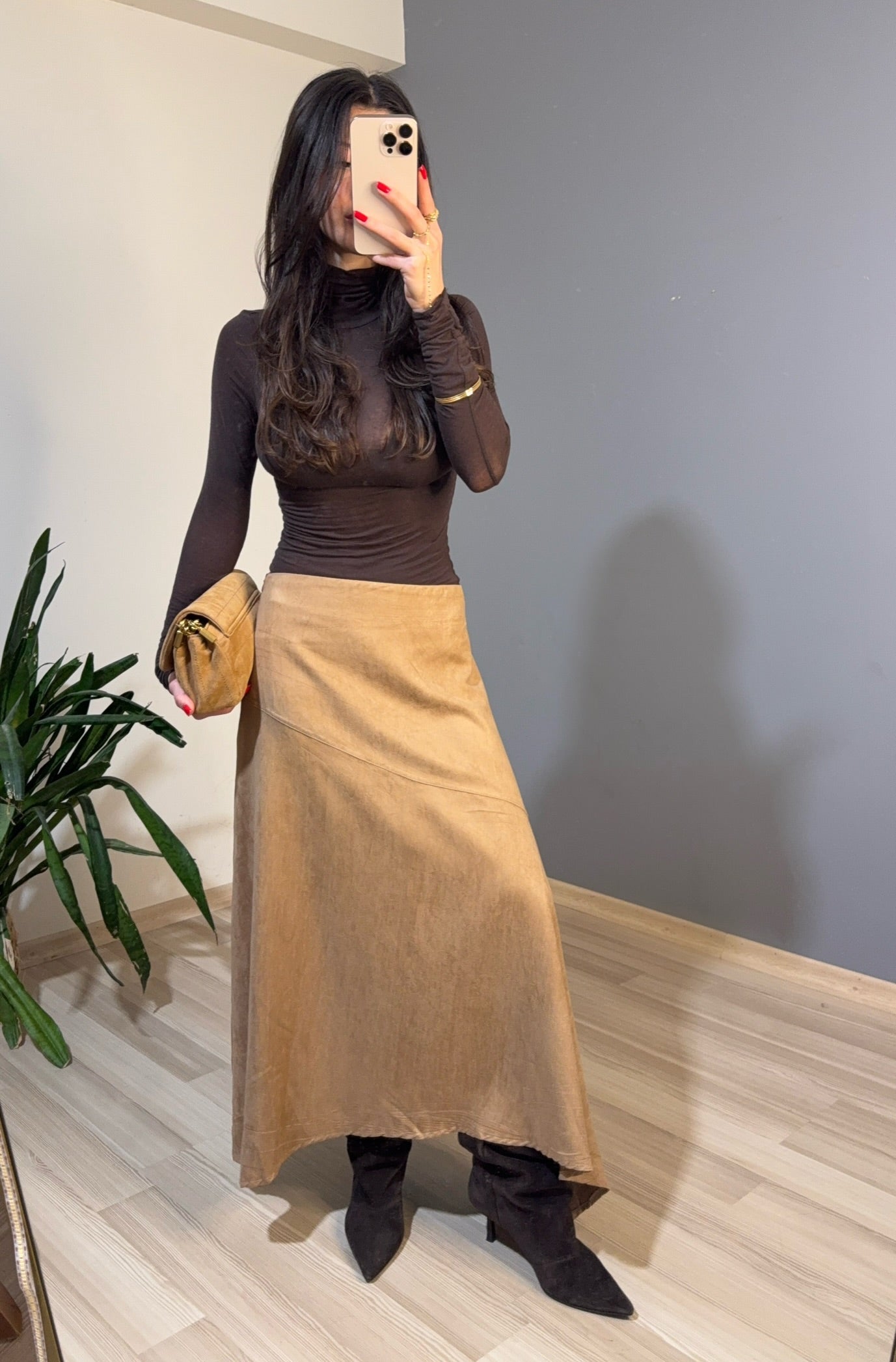 Kum kahve a-kesim midi süet etek