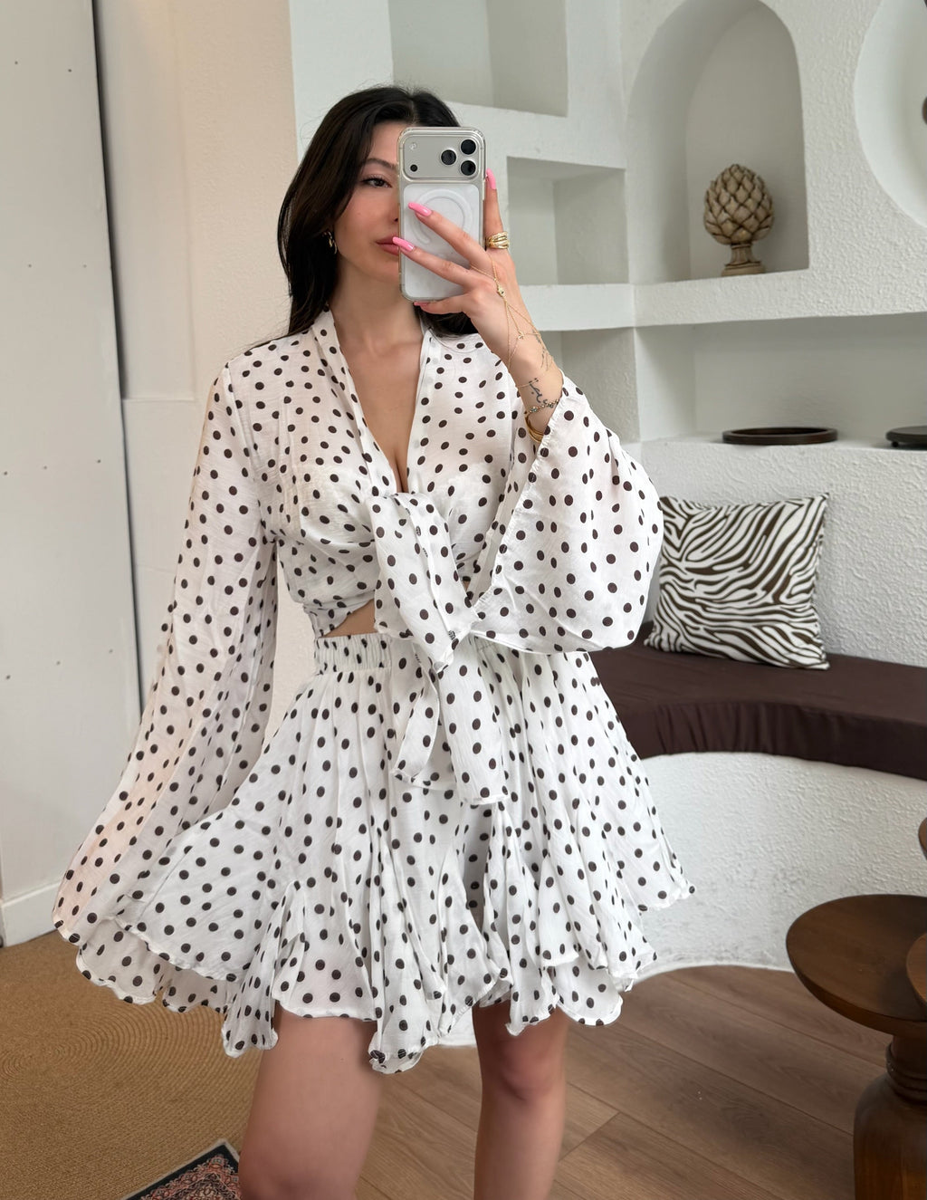 Puantiye etek kimono takım-beyaz