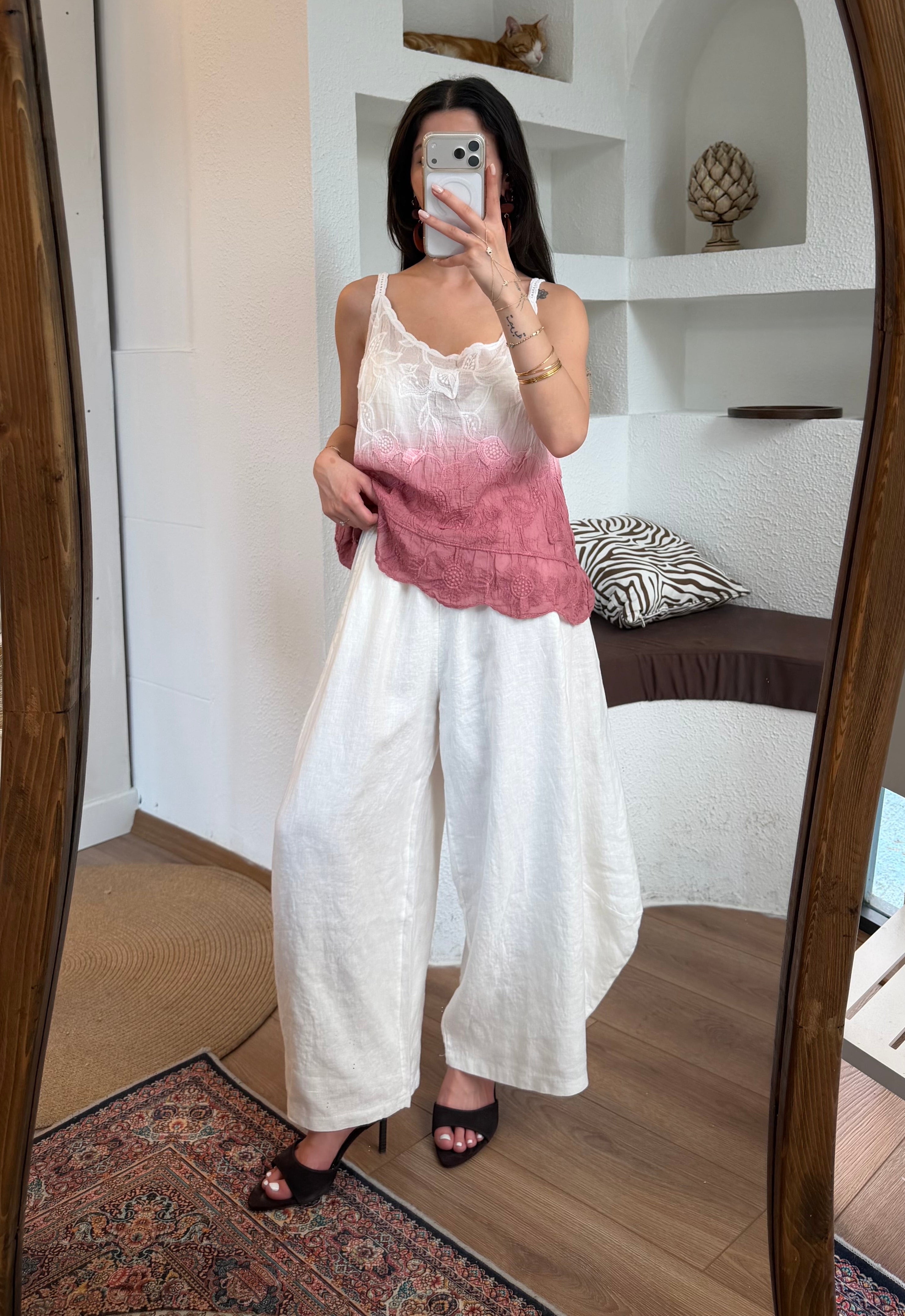 %100 keten şalvar-barrel leg pantolon-beyaz