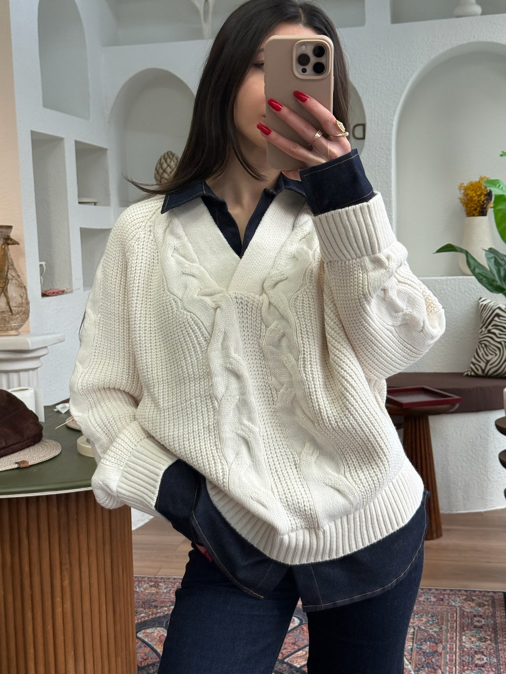 Kot detaylı saç örgü kazak