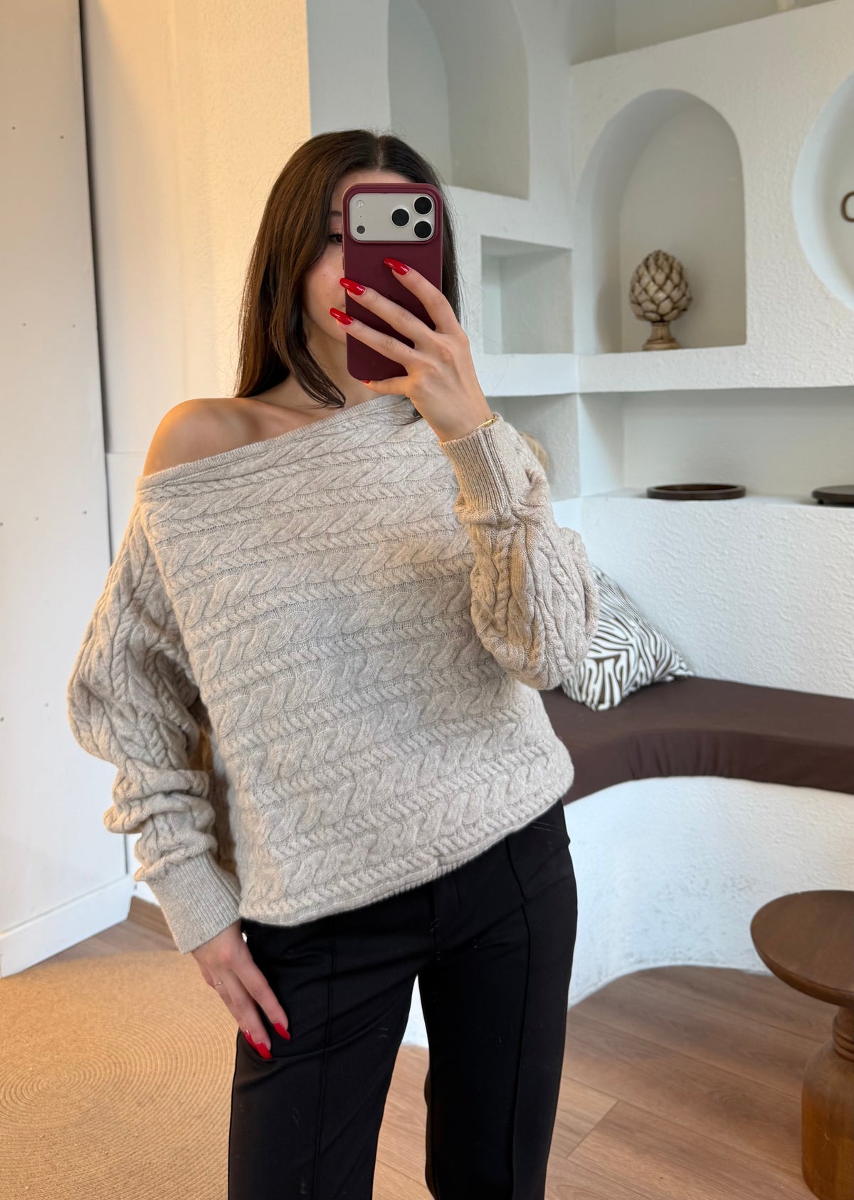 Kayık Yaka Örgü Model Kazak