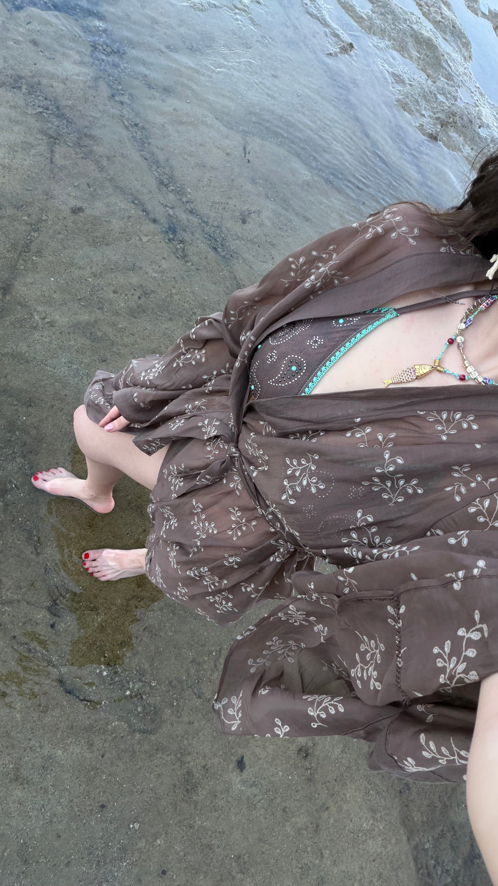 Kuşaklı işlemeli kimono