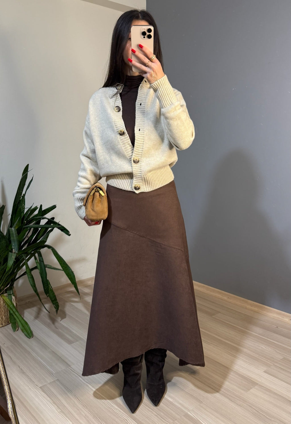 Kahve a-kesim midi süet etek