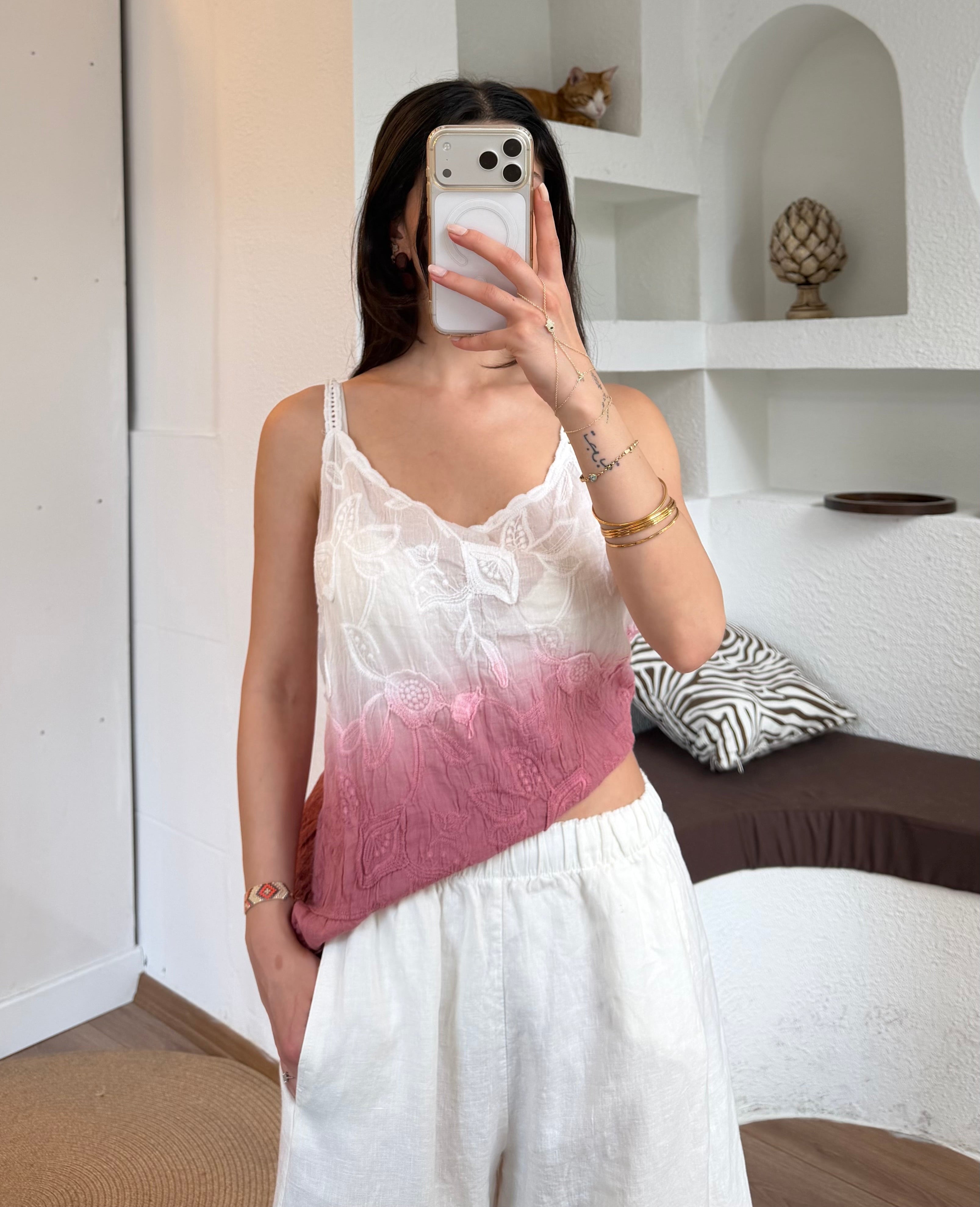 İthal desenli sıçratma pembe bluz