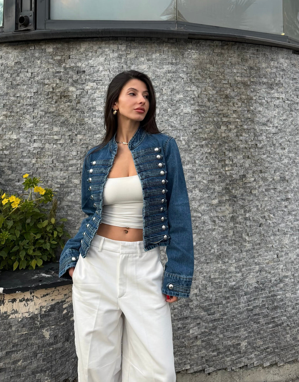 Napolyon düğmeli denim ceket