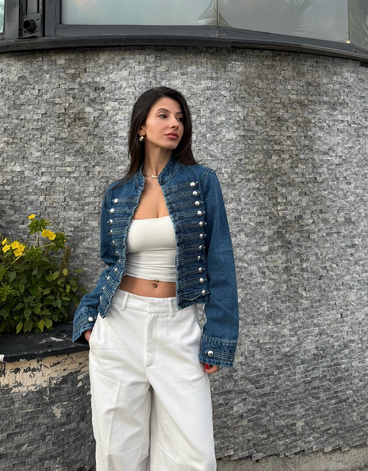 Napolyon düğmeli denim ceket