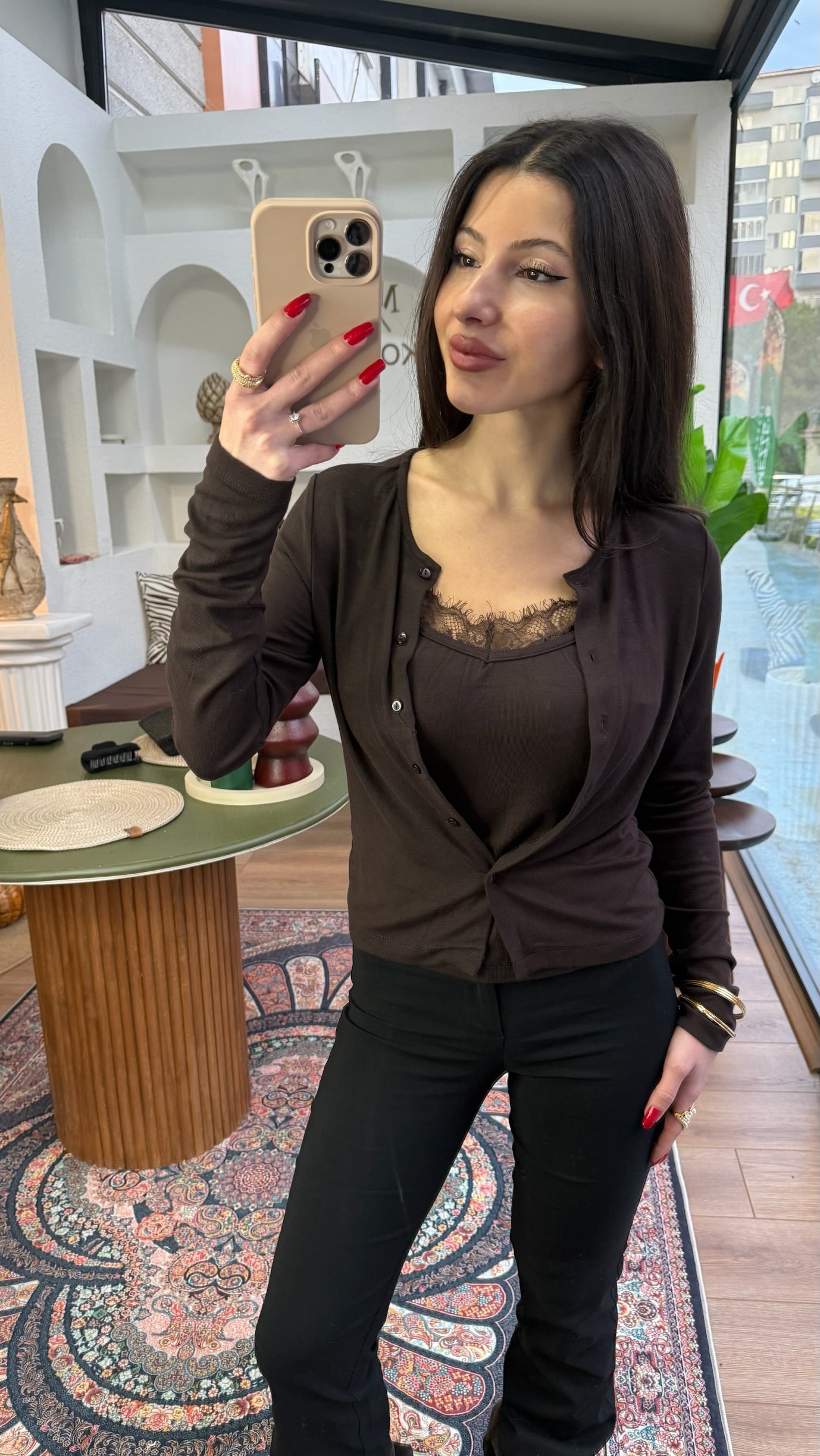 Dantel kahve bluz bitişik hırka