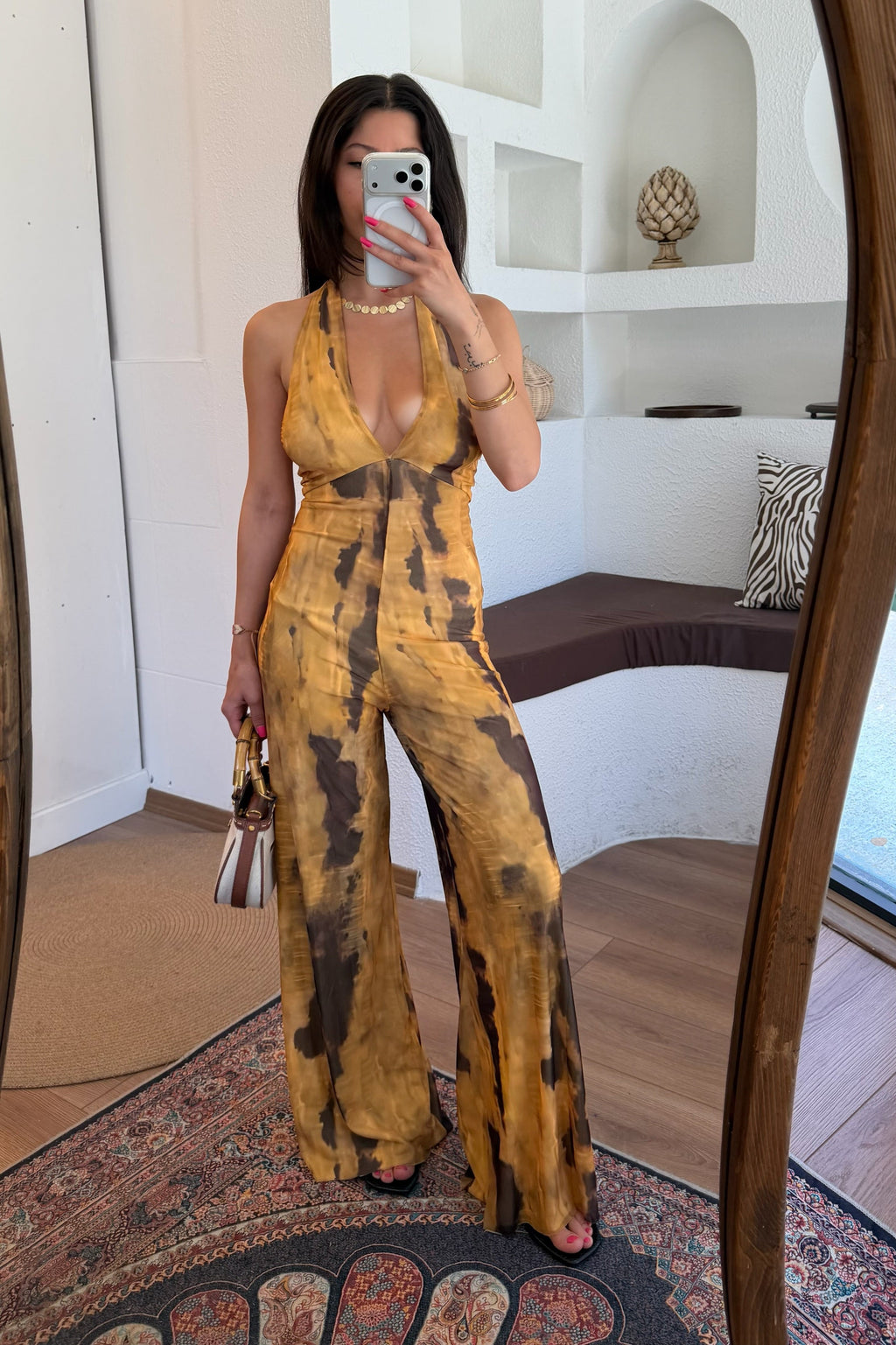 Batik desen sırt dekolteli tulum