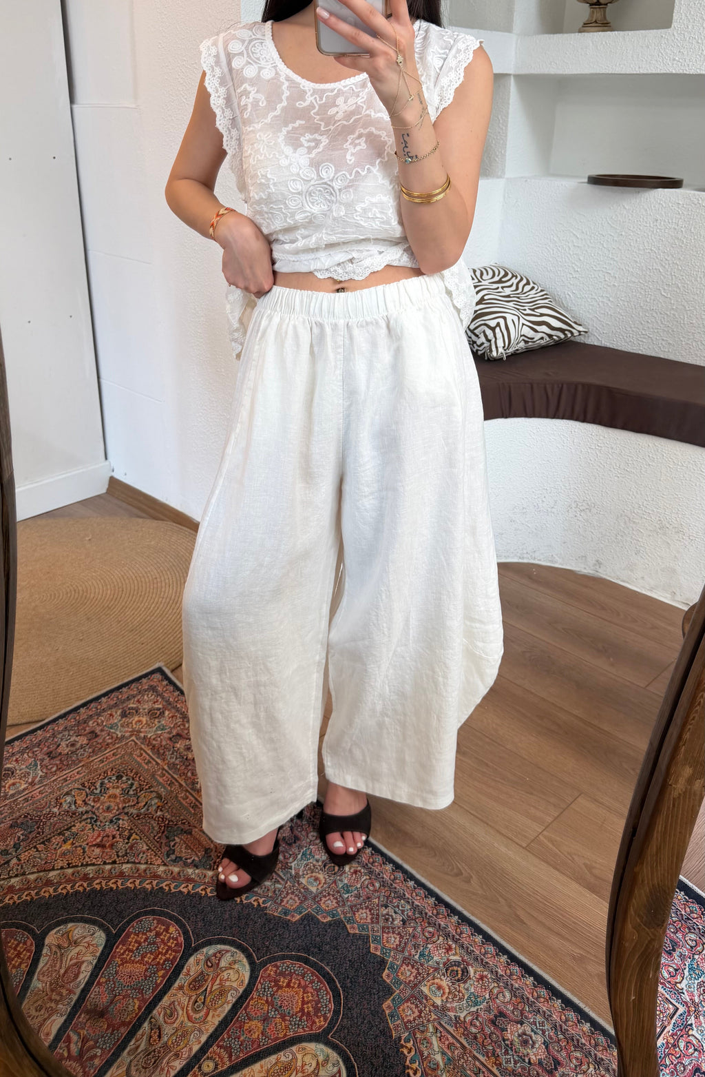 %100 keten şalvar-barrel leg pantolon-beyaz