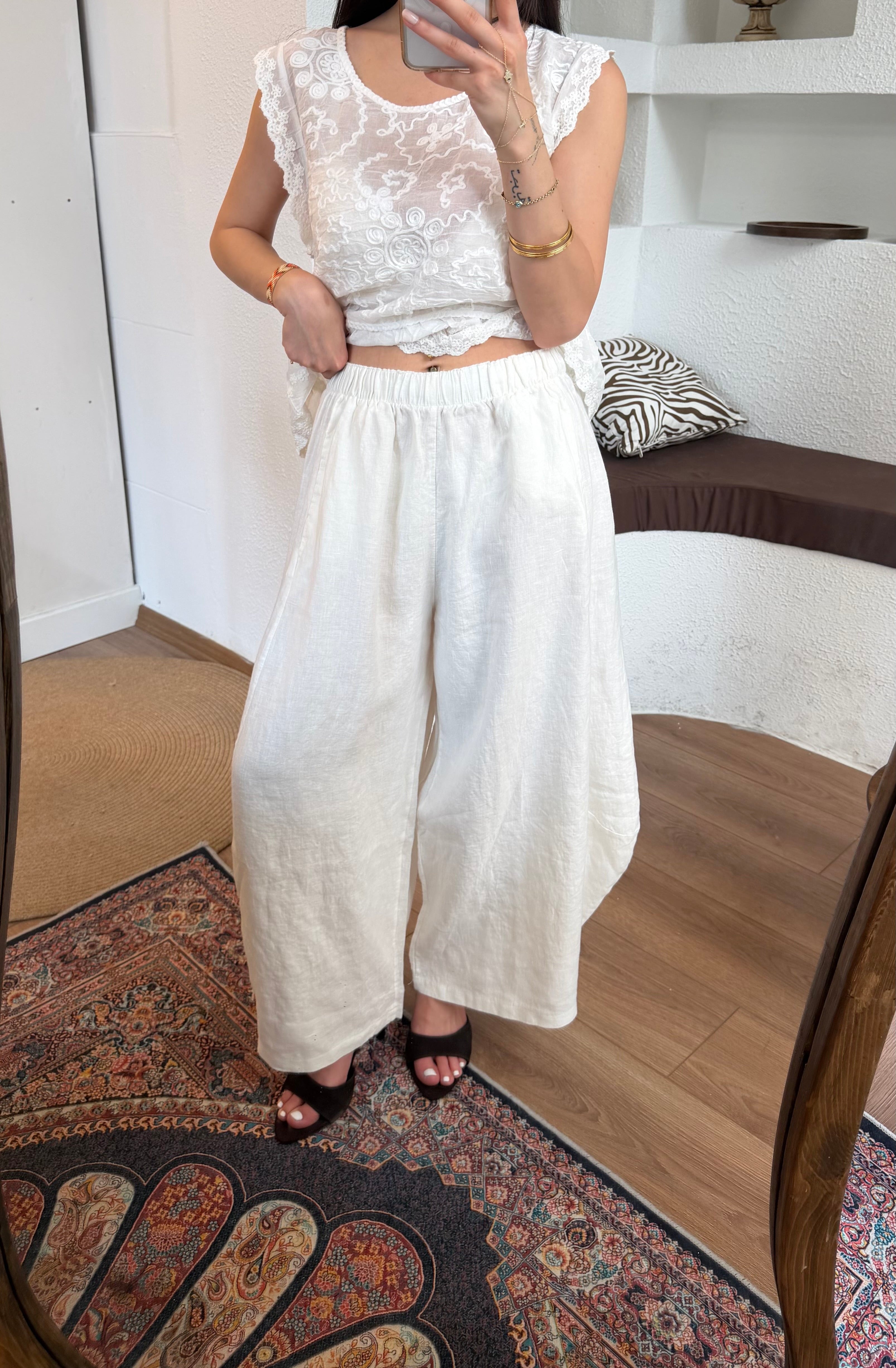 %100 keten şalvar-barrel leg pantolon-beyaz
