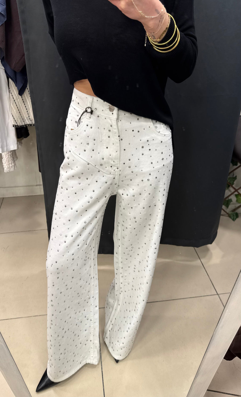 Taşlı beyaz tensel jean