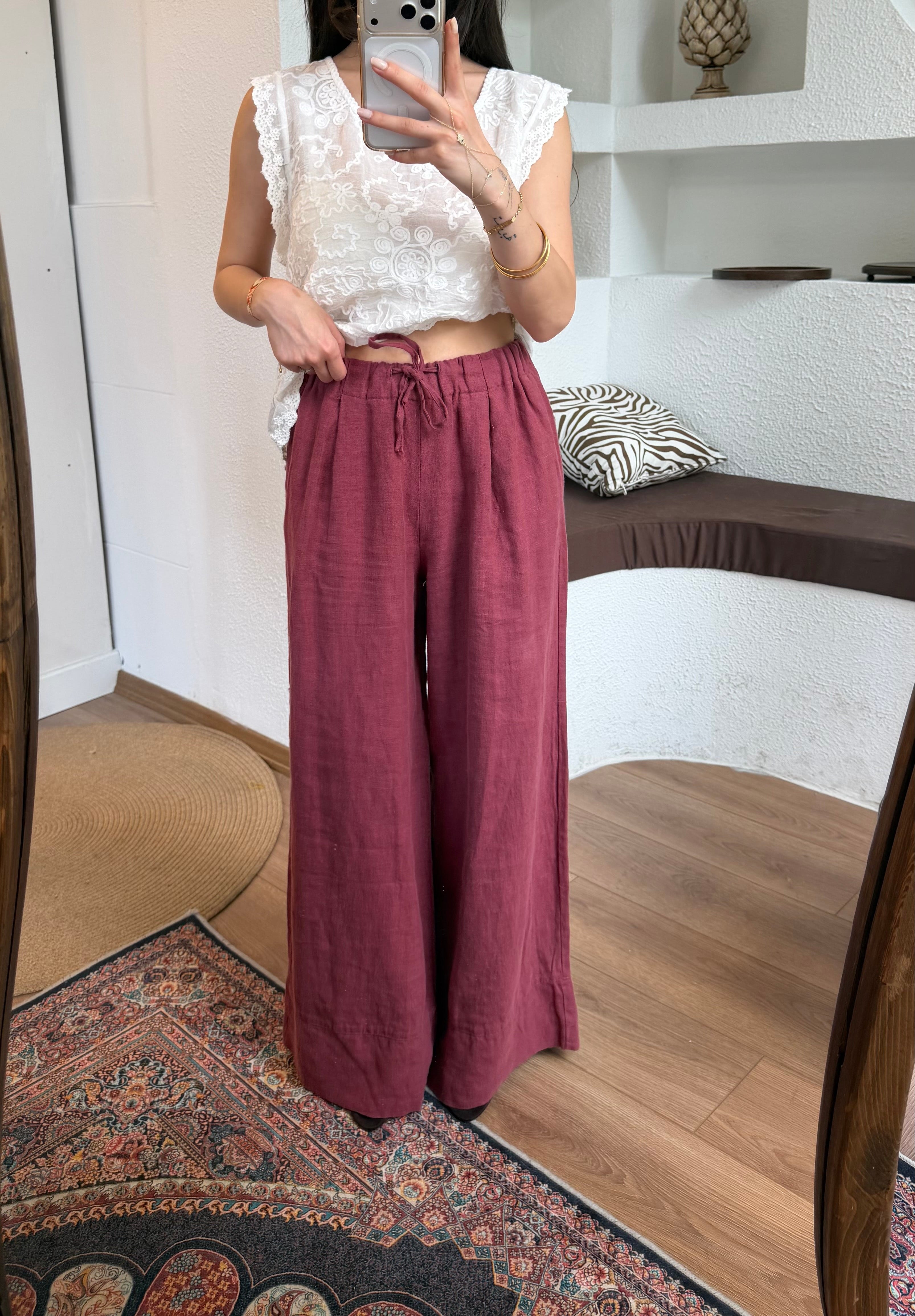 %100 ham keten pantolon-şarap bordosu