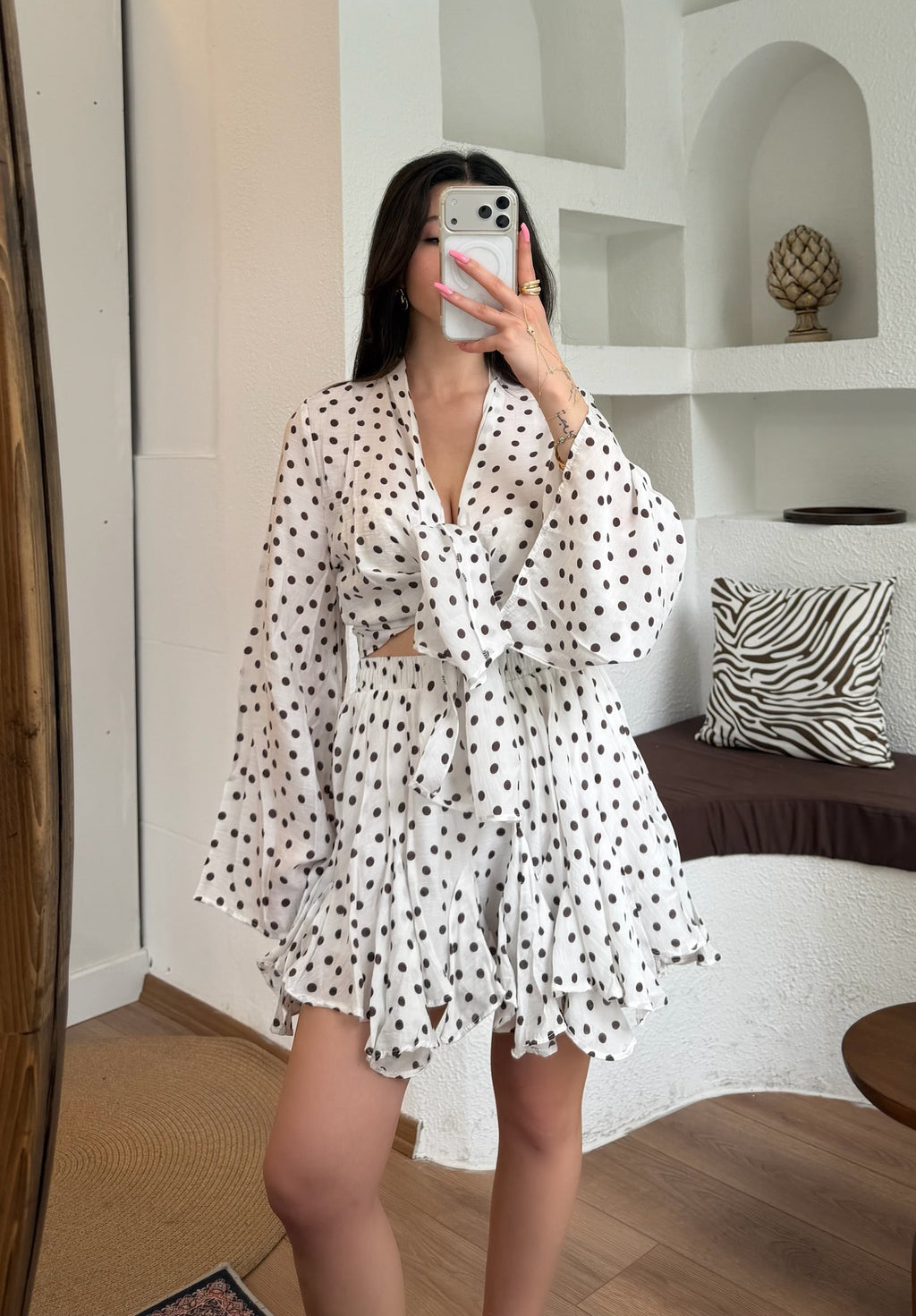 Puantiye etek kimono takım-beyaz