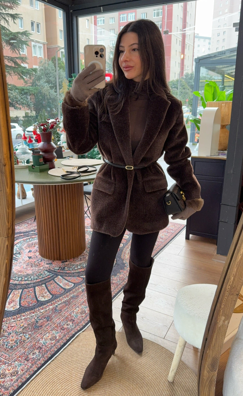 Kırçıl kemerli acı kahve ceket