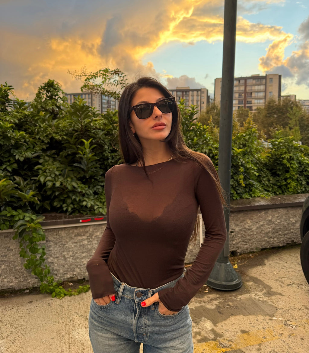Kaşmir transparan bluz-kahve