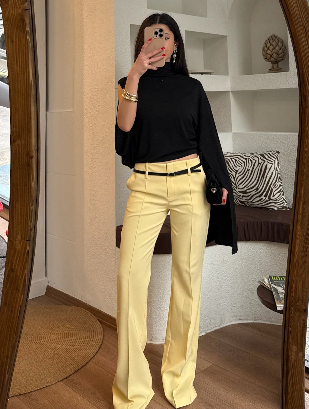 Limon sarısı kemerli düşük bel pantolon
