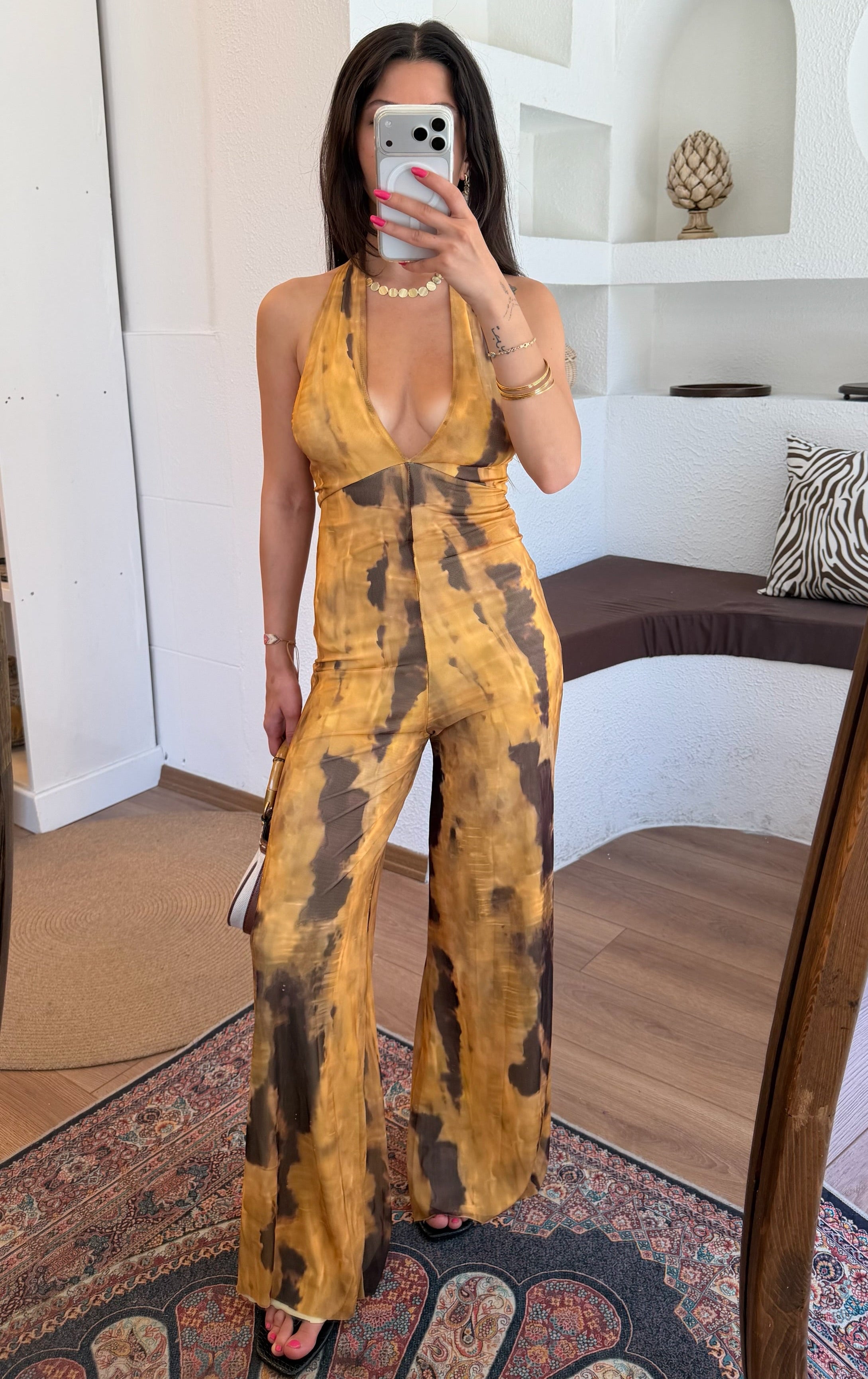 Batik desen sırt dekolteli tulum