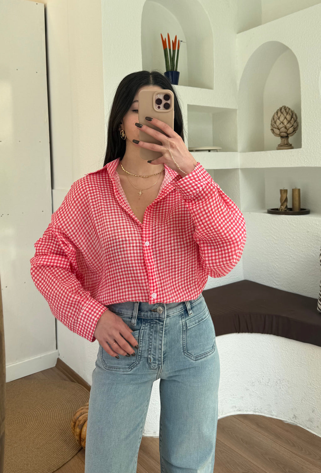 Oversize Kırmızı-beyaz ekose gömlek