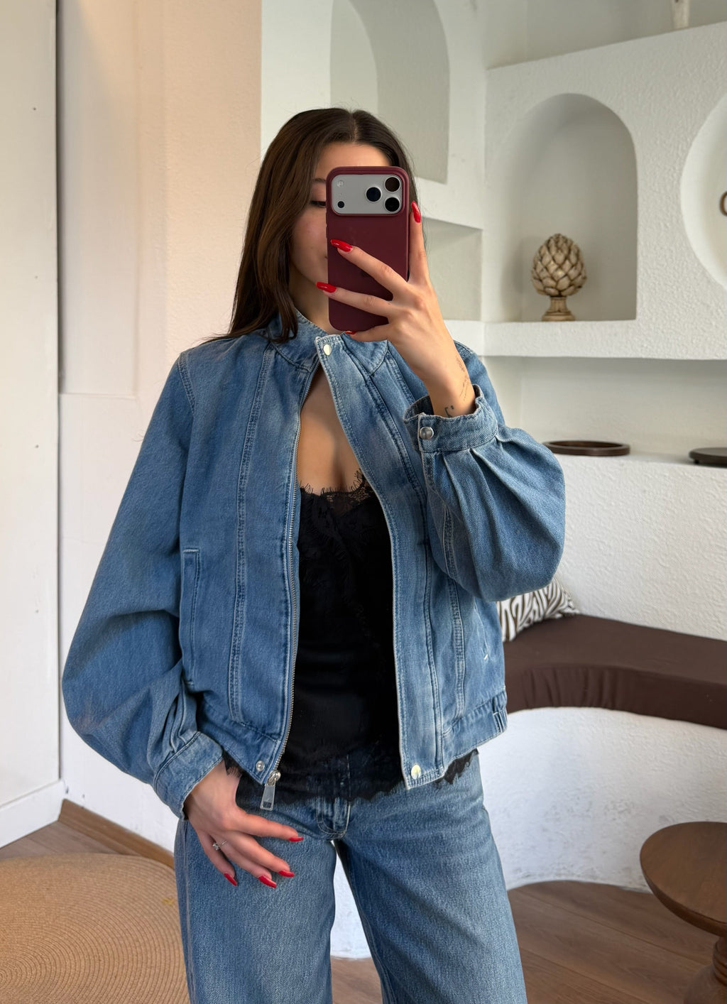 Yarım Dik Yaka Orta Boy Denim Ceket