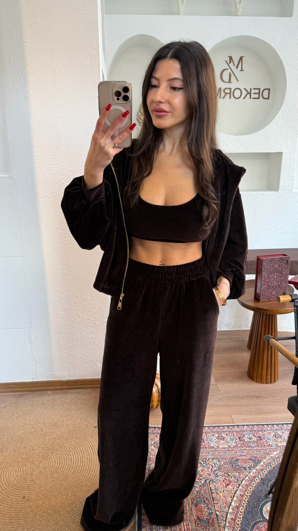 Acı kahve kadife 3lü takım