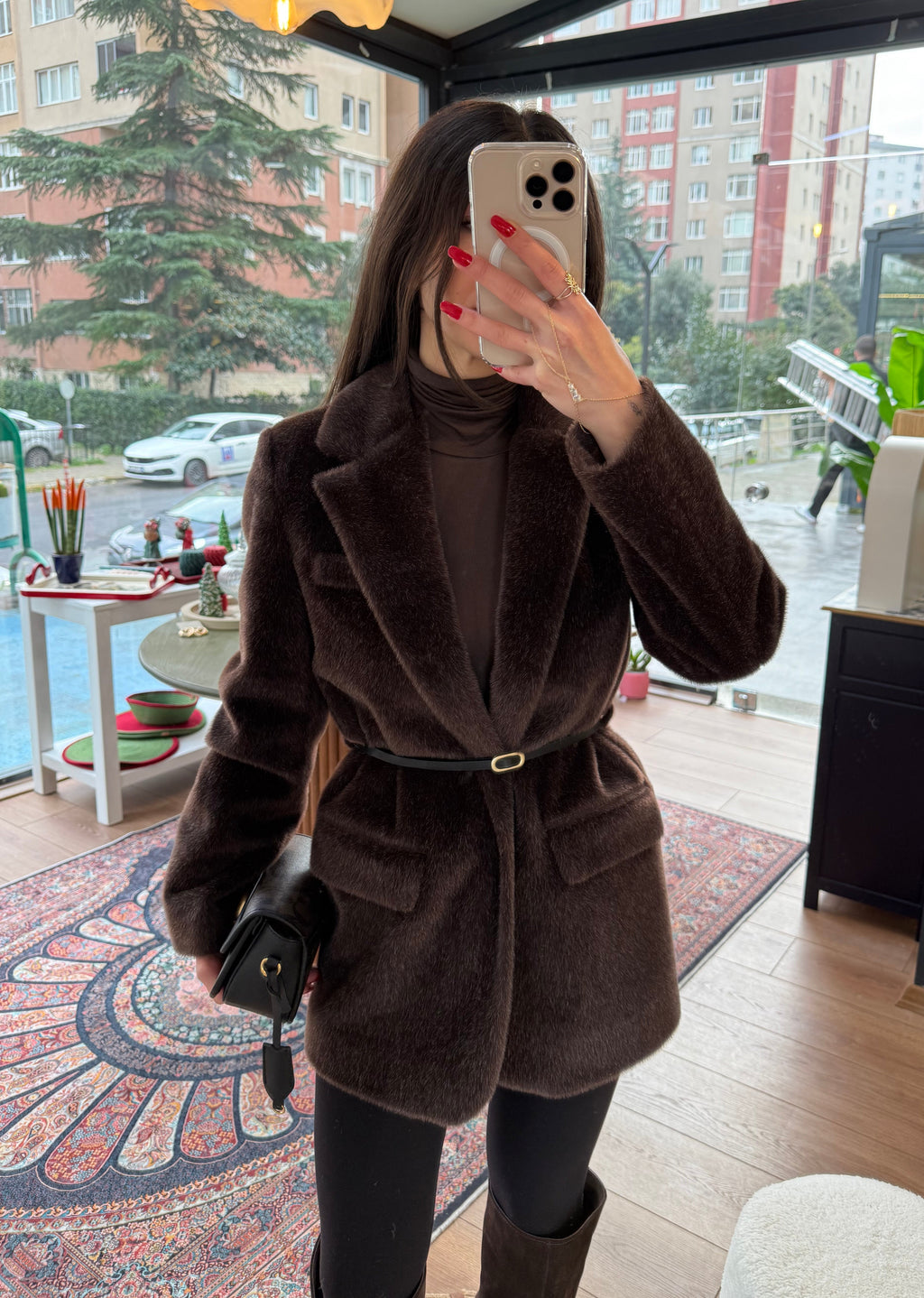 Kırçıl kemerli acı kahve ceket