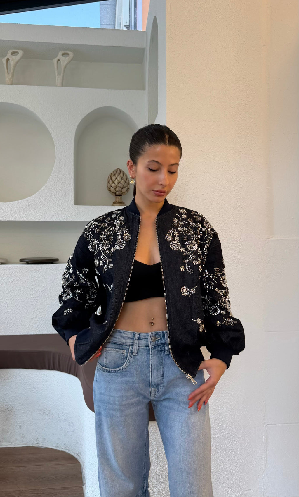 İşlemeli ithal ceket-Denim