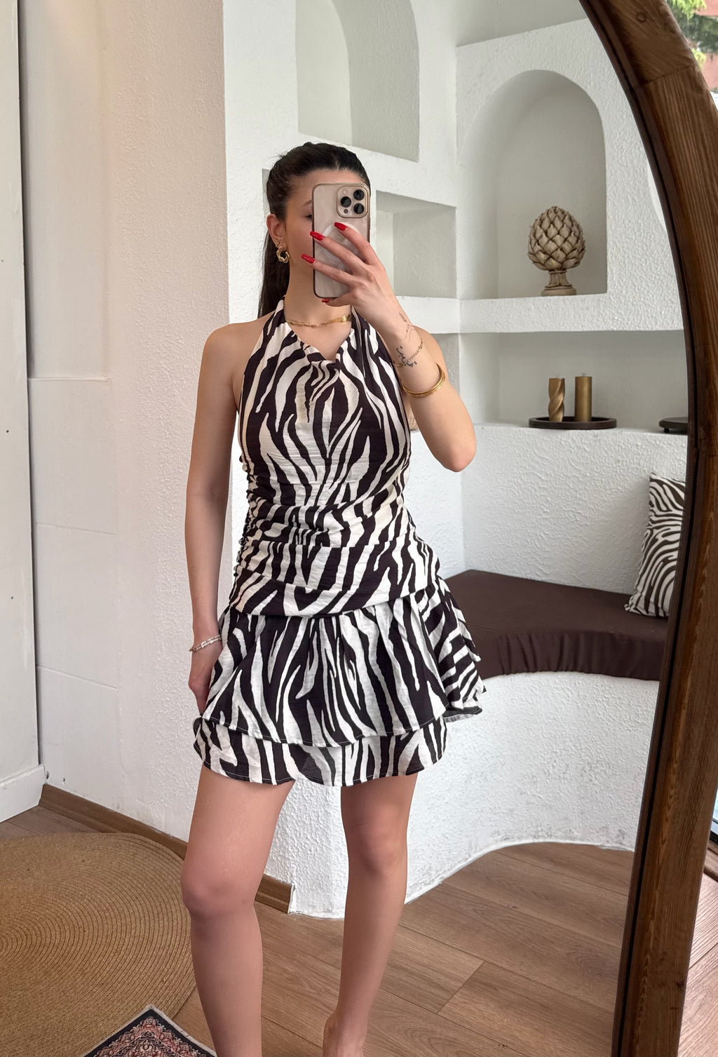 Zebra desen sırt dekolte elbise