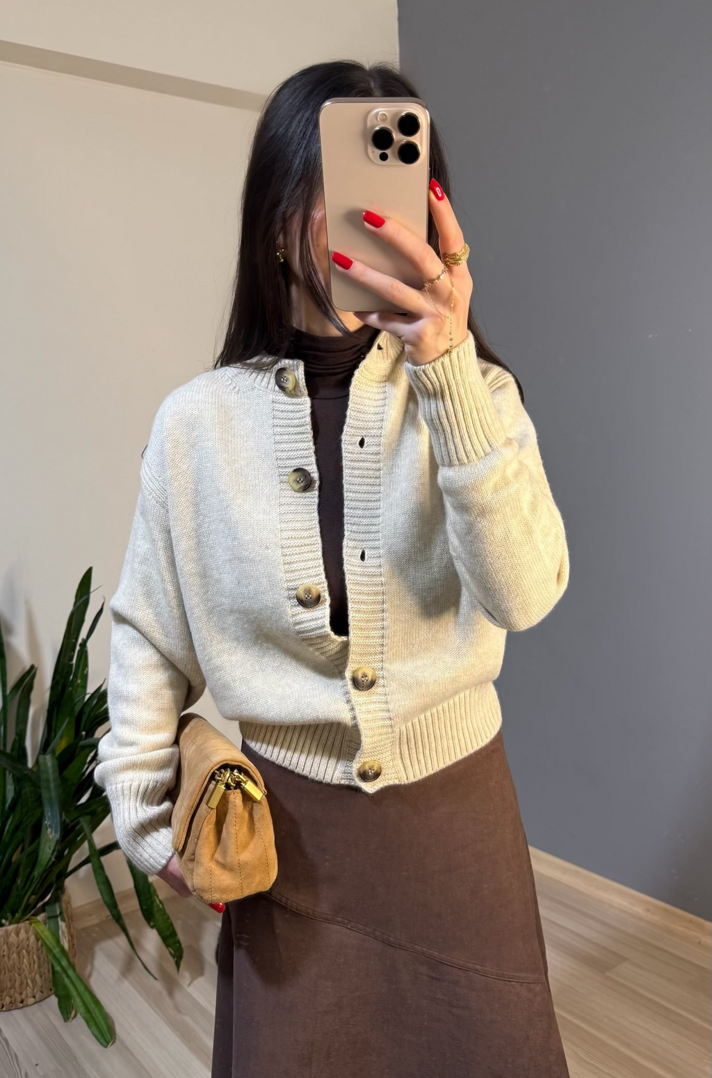 Cropped fit açık bej knit hırka