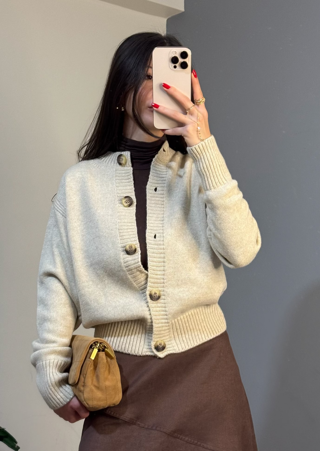 Cropped fit açık bej knit hırka