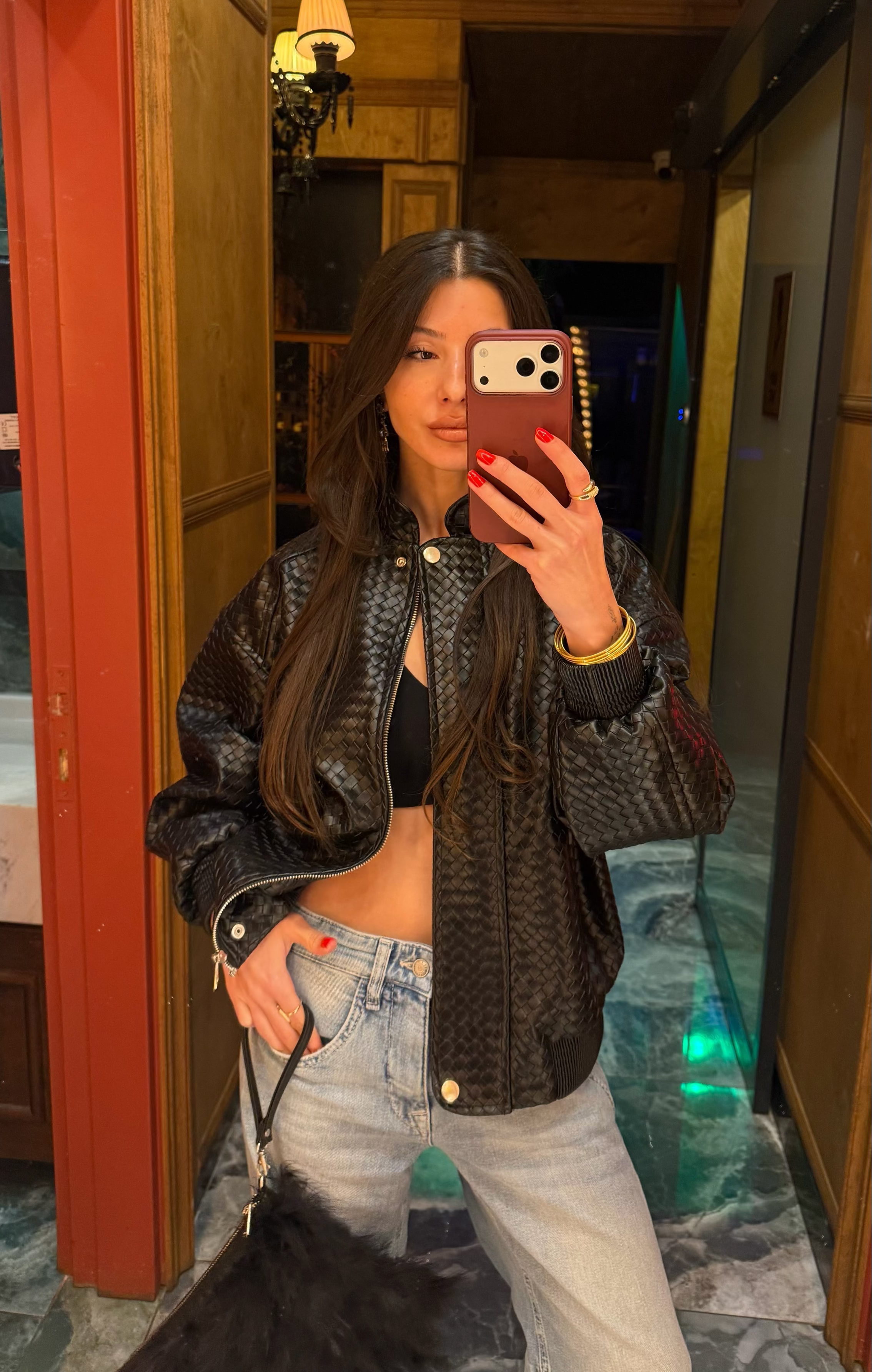 İthal Bottega Desen Siyah Deri Ceket
