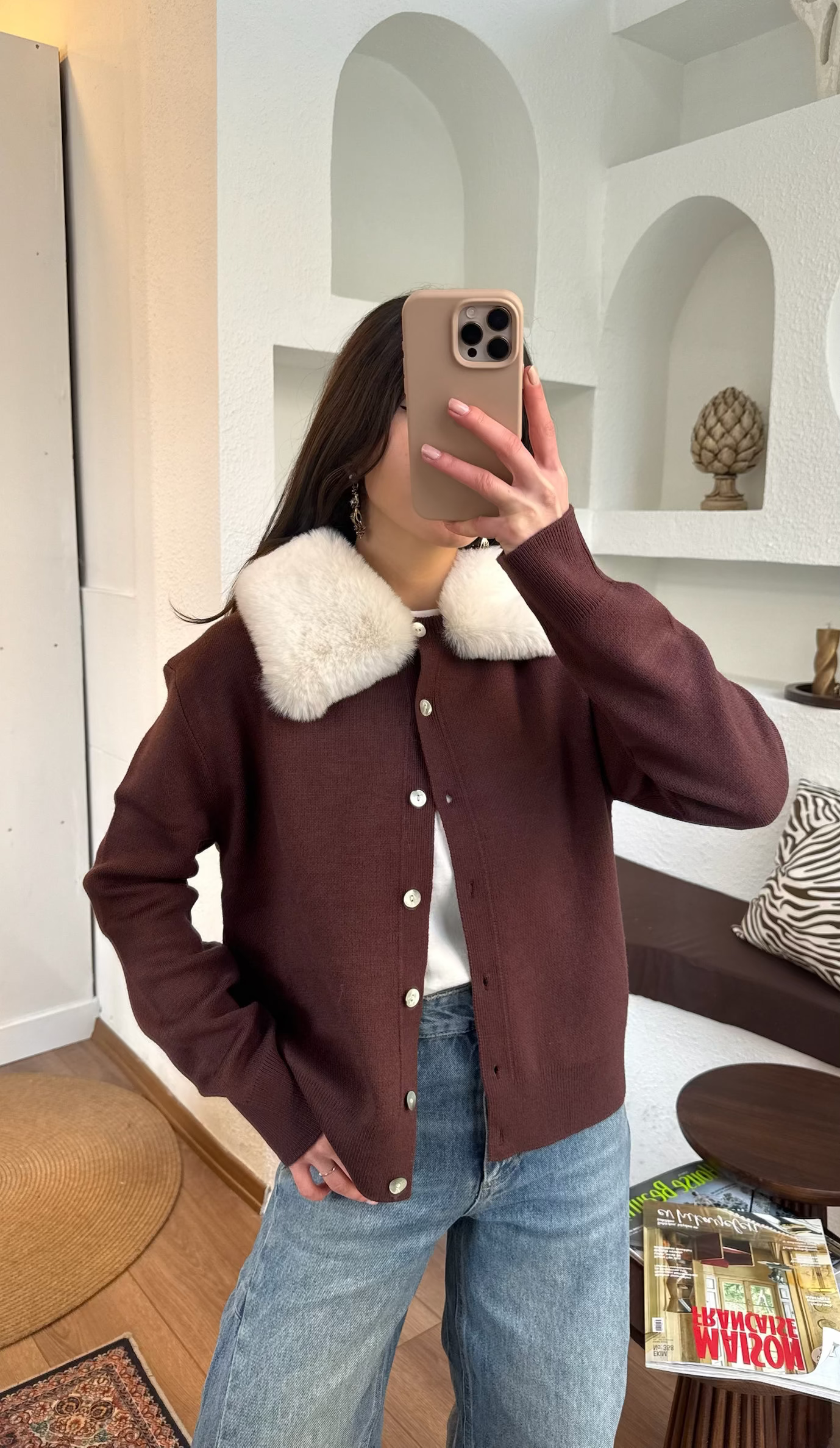 Kürk yaka bordo triko hırka